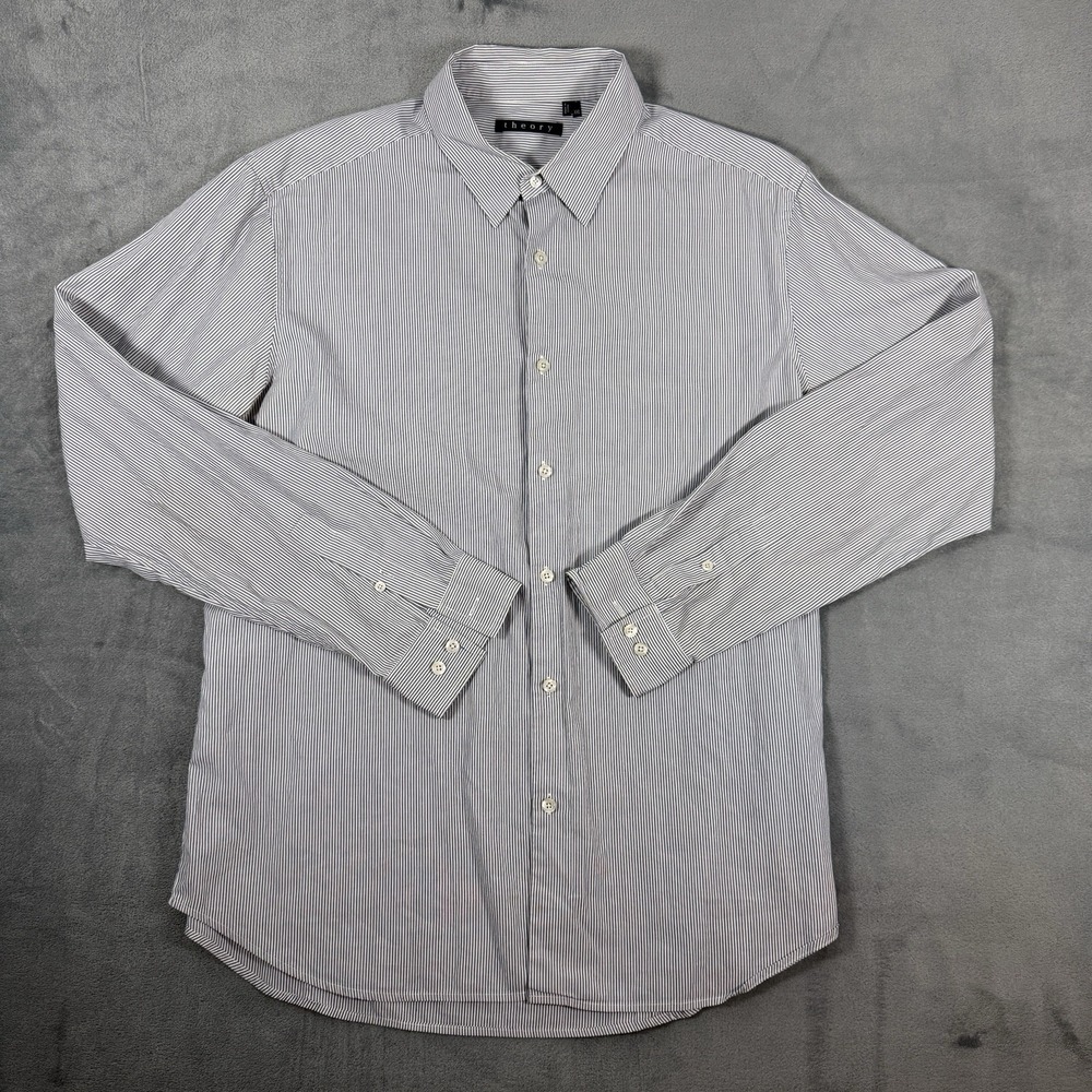 Theory Button‎ Down Shirt Mens XXL Blue White Micro Stripe Long Sleeve Slim Fit